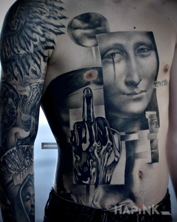 Tattoo Fucker od mona lisy in faces motif and realistic style on the chest