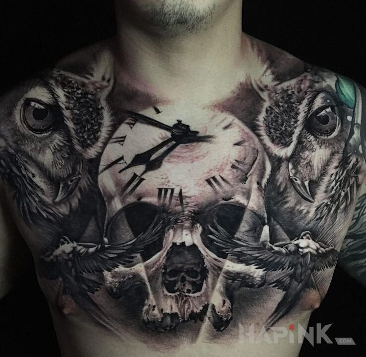Tattoo Kościsty zegar in skulls motif and realistic style on the chest