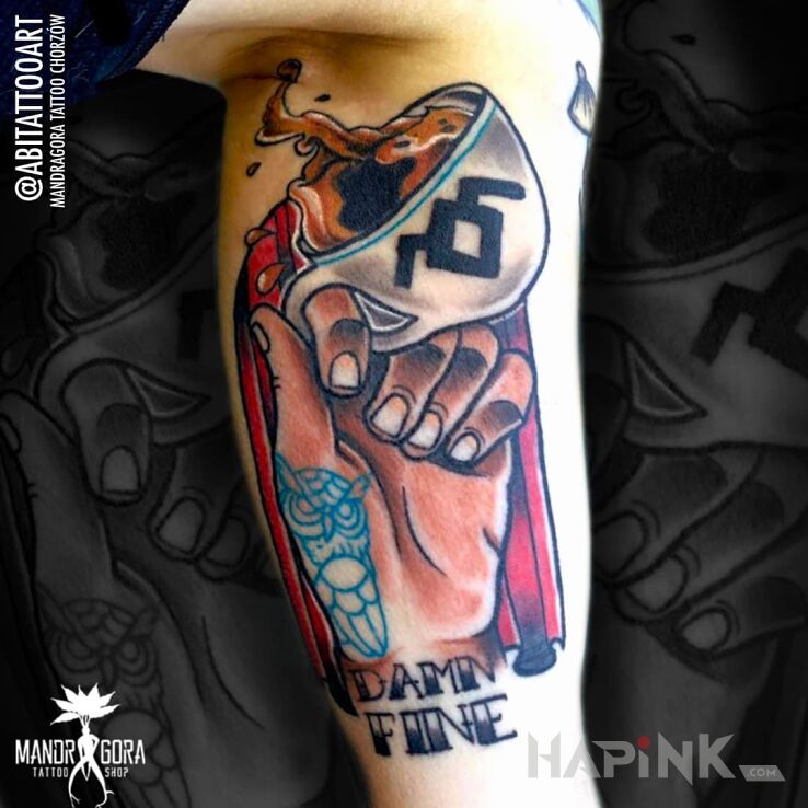 Tattoo Coffee in colorful motif and neo-traditional style on the bicep