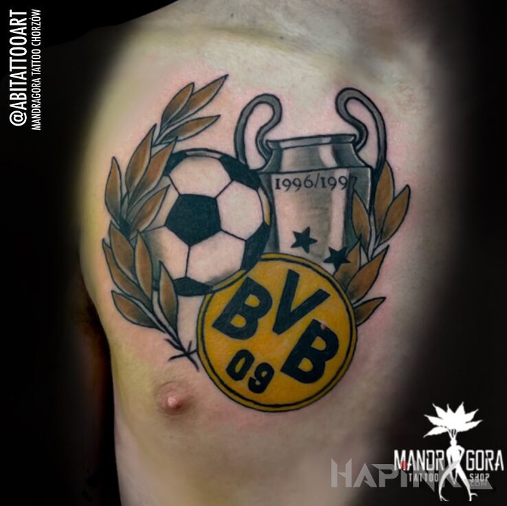 Tattoo BVB in objects motif and neo-traditional style on the chest