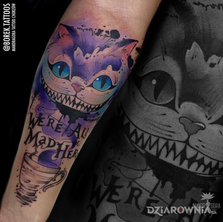 Tatuaż kot w motywie kolorowe i stylu watercolor na przedramieniu