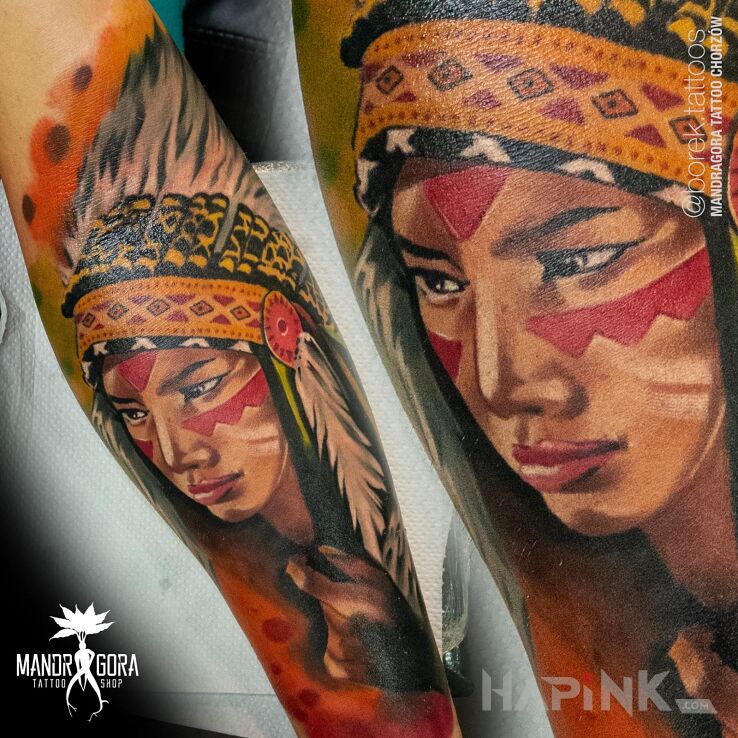 Tattoo Indianka in Indian motif and realistic style on the forearm