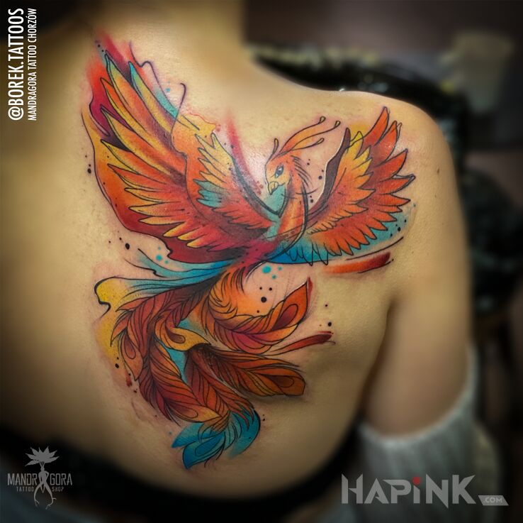 Tattoo Feniks in animals motif and Watercolor style on the back