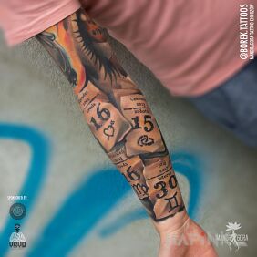 Tattoo Calendar Pages on the forearm motif: objects style: realistic