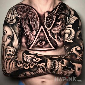 Tattoo Eye in a triangle on the collarbone motif: 3D style: realistic