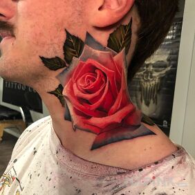 Tattoo Big rose on the neck motif: colorful style: realistic