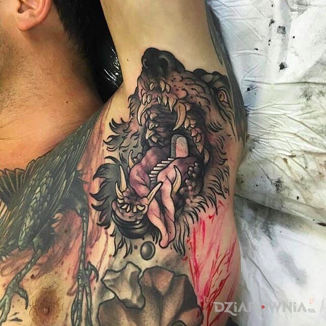 Tatuaż wilk spod pachy w motywie kolorowe i stylu neotradycyjne pod pachą
