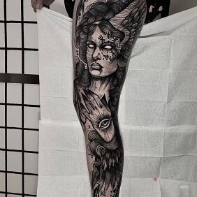 Tattoo Blind staff on the calf motif: black and gray style: graphic / illustrative