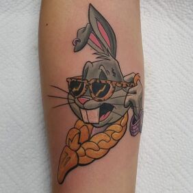 Tattoo Bugs Bunny on the forearm motif: colorful style: cartoon / comic book