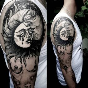 Tattoo Sun and Moon On the arm motif: other style: graphic / illustrative