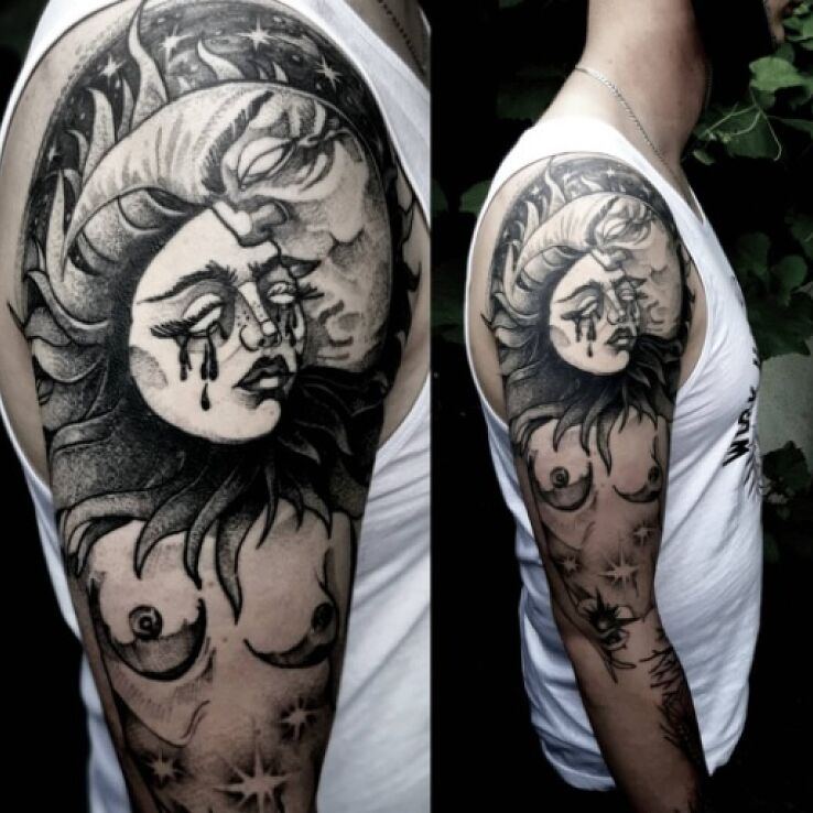 Tatuaż słońce i księżyc w motywie miłosne i stylu kontury / linework na bicepsie