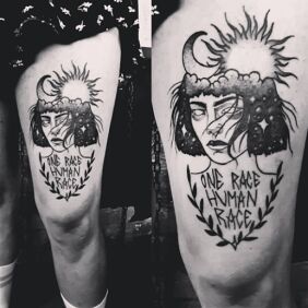 Tattoo One race, Human race on the leg motif: faces style: graphic / illustrative