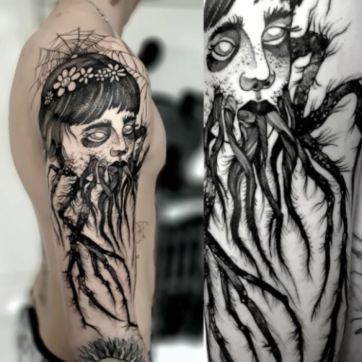 Tatuaż spider woman w motywie zwierzęta i stylu dotwork na ramieniu