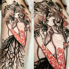 Tattoo Lady Spring on the bicep motif: floral style: graphic / illustrative