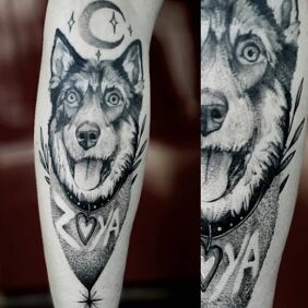 Tattoo Zoya on the leg motif: black and gray style: realistic