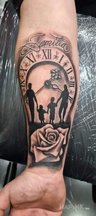 Tattoo Familia in objects motif and graphic / illustrative style on the forearm