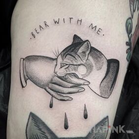 Tattoo You have to put up with me on the thigh motif: black and gray style: engravings / gravure