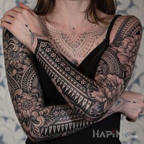 Tattoo Tribal motif among flowers on the forearm motif: flowers style: Polynesian