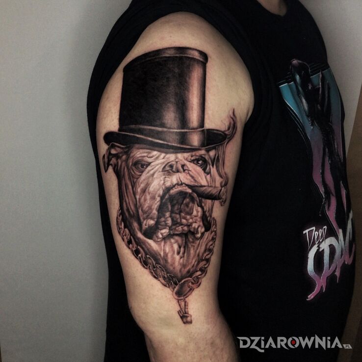 Tatuaż buldog w motywie czarno-szare i stylu surrealistyczne na ramieniu