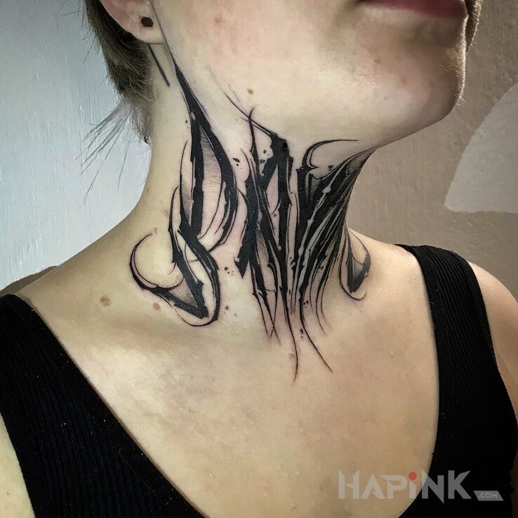 Tattoo Kaligrafia in lettering motif and blackwork / blackout style on the neck