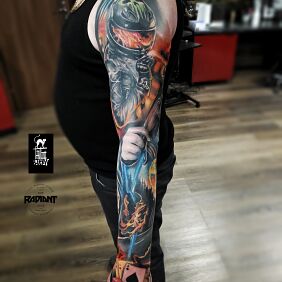 Tattoo Moto sleeve on the forearm motif: sleeves style: realistic