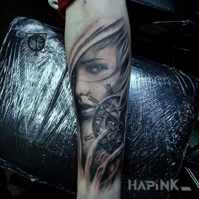 Tattoo 3D, realistic, clock, woman, with message, sleeve started on the forearm motif: 3D style: realistic