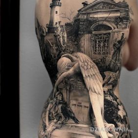 Tatuaż Smutny anioł na plecach motyw: 3D styl: realistyczne