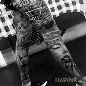Tattoo Hollywood on the calf motif: black and gray style: realistic