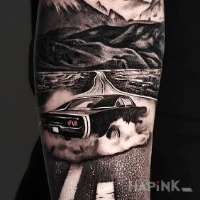 Tattoo Burning rubber on the forearm motif: 3D style: realistic