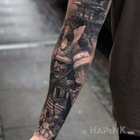 Tattoo Japanese tower On the arm motif: black and gray style: realistic