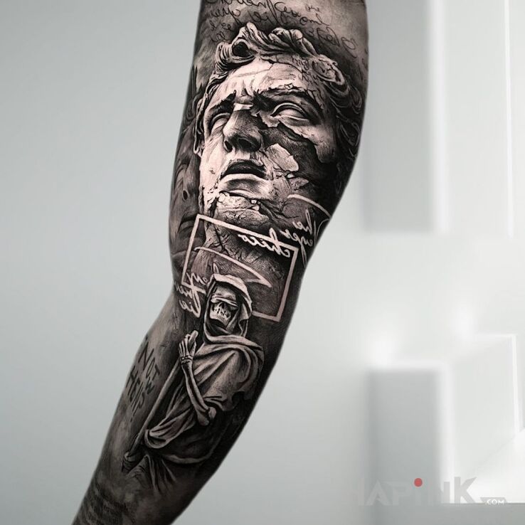 Tattoo Zniszczona twarz in black and gray motif and realistic style On the arm