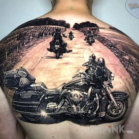 Tattoo Chopper on the back motif: 3D style: realistic