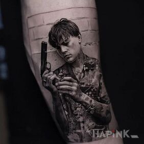 Tattoo Armed Leo on the leg motif: 3D style: realistic