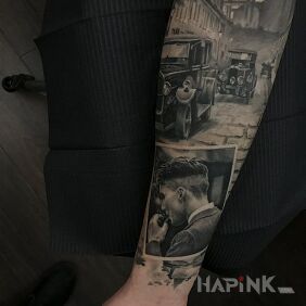 Tattoo The atmosphere of the interwar years on the forearm motif: black and gray style: realistic
