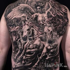 Tattoo Victoria on the back motif: religious style: realistic