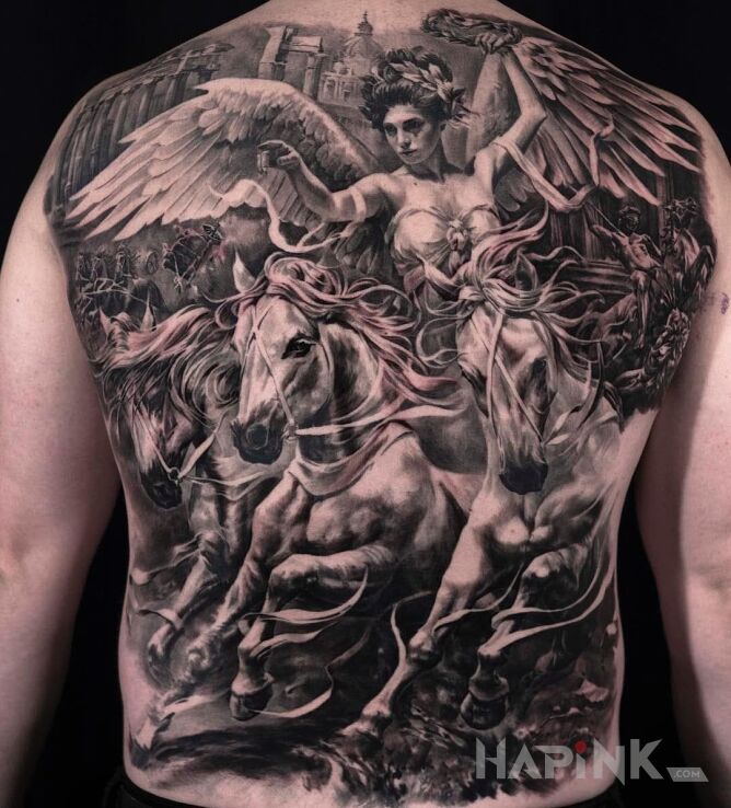 Tattoo Victoria in religious motif and realistic style on the back