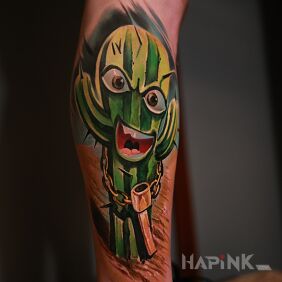 Tattoo Gangster Cactus on the calf motif: colorful style: newschool
