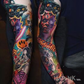 Tattoo Crazy mix on the hand motif: characters style: realistic