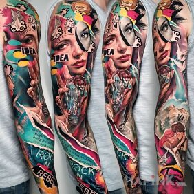 Tattoo With a light bulb in hand On the arm motif: objects style: surrealistic