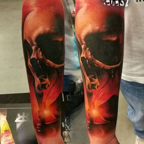 Tattoo Red Skull On the arm motif: dark style: realistic