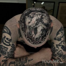 Tattoo Three horse heads on the head motif: black and gray style: graphic / illustrative