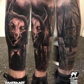 Tattoo Demon in an abandoned house on the tibia motif: demons style: realistic