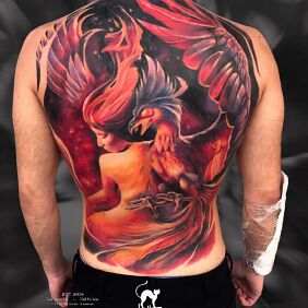 Tattoo Giant phoenix on the back motif: characters style: realistic