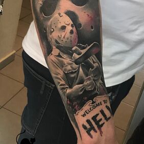 Tattoo Jason on the forearm motif: lettering style: realistic