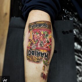 Tattoo Haribo on the calf motif: 3D style: realistic