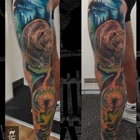 Tattoo Nogawa with a bear on the calf motif: animals style: realistic
