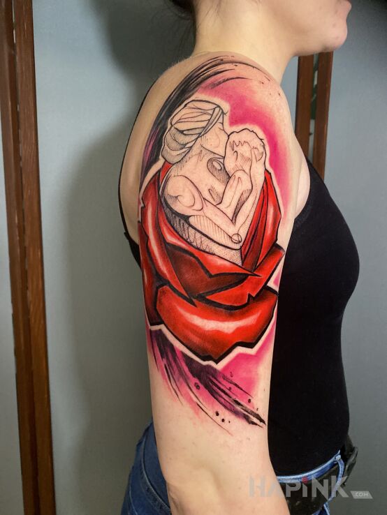 Tattoo Matka z dzieckiem in flowers motif and graphic / illustrative style on the upper arm