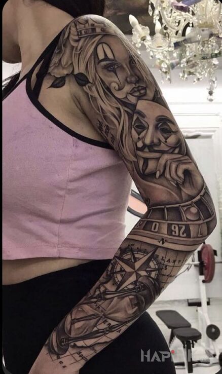 Tattoo Kobieta kryjąca się za maską in objects motif and realistic style On the arm