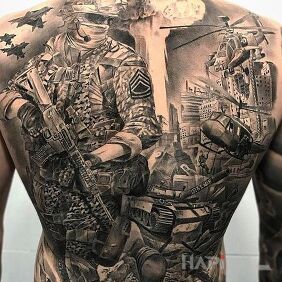 Tattoo War of the 21st century on the back motif: characters style: realistic