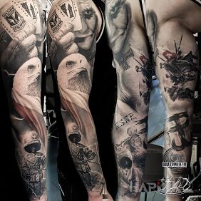 Tattoo Patriotic sleeve - Eagle, Fighting Poland, Soldier, Flag, Lech Poznań, Kolejorz on the bicep motif: faces style: realistic